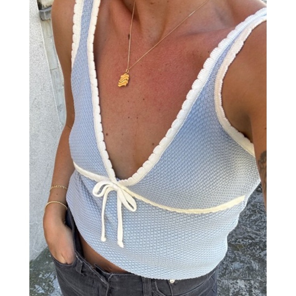 Djerf Avenue Amorini Tank Top Baby Blue Pointelle Knit Scallop Trim Size M NWT